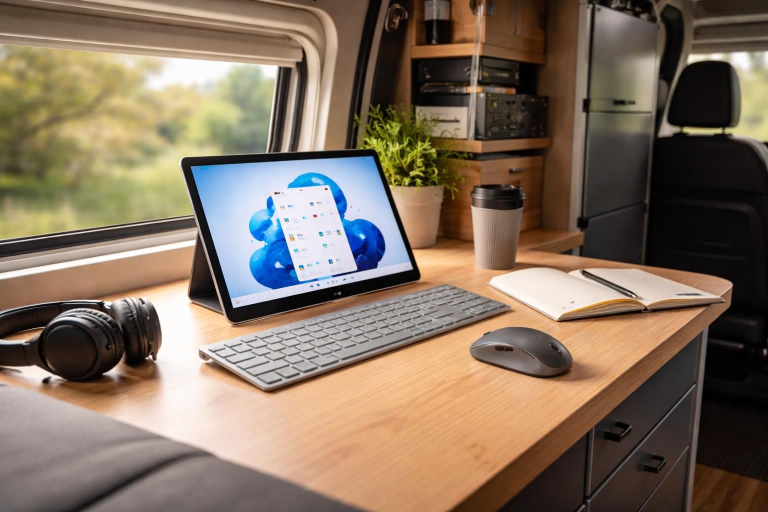 découvrez comment utiliser une tablette tactile microsoft comme poste de bureau mobile dans un van avec un setup optimisé pour la mobilité et la productivité.