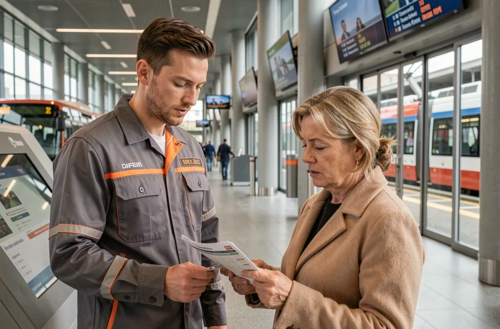 Agent d'information en gare routière intermodale aidant une voyageuse à planifier ses correspondances bus et tramway