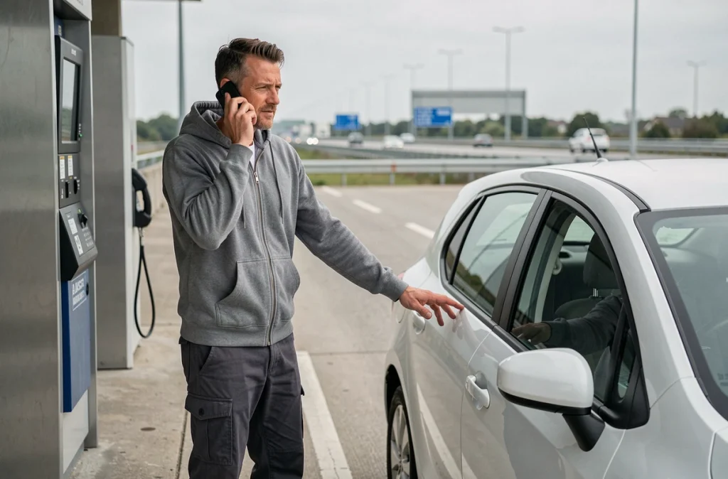 Homme appelant une assistance dépannage depuis une aire d'autoroute pour ouvrir sa voiture centralisée sans clé