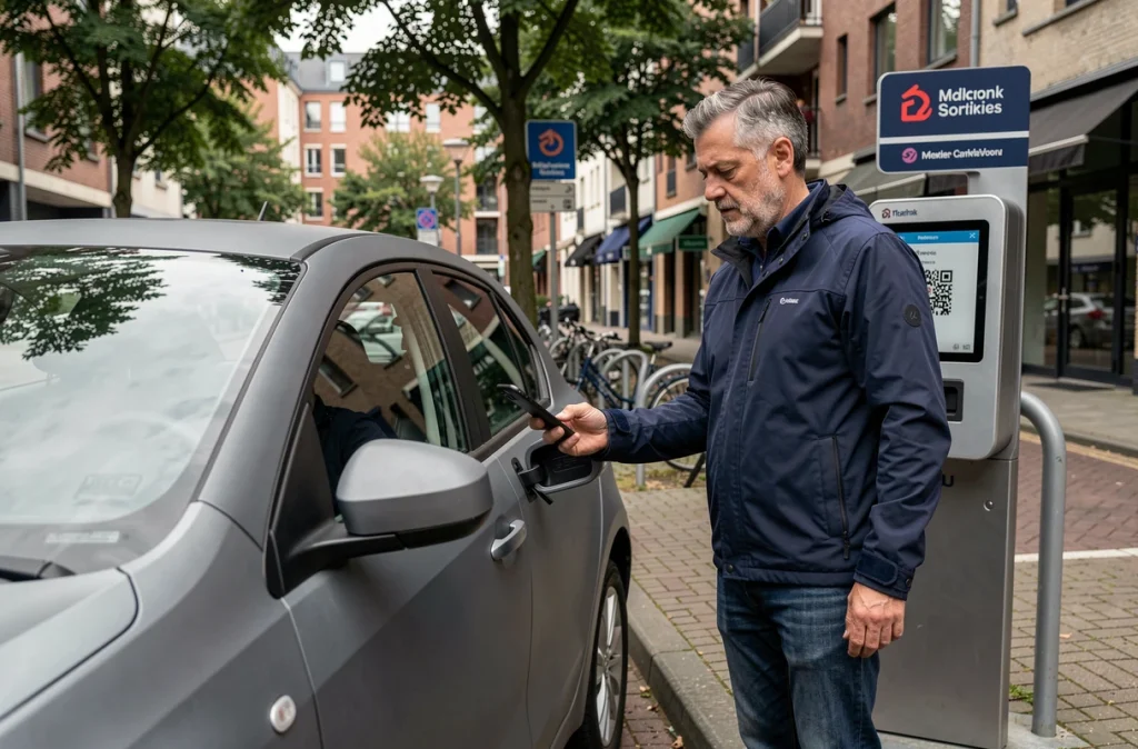 Homme d'âge moyen déverrouillant une voiture en autopartage via son smartphone à une station dédiée en quartier urbain moderne