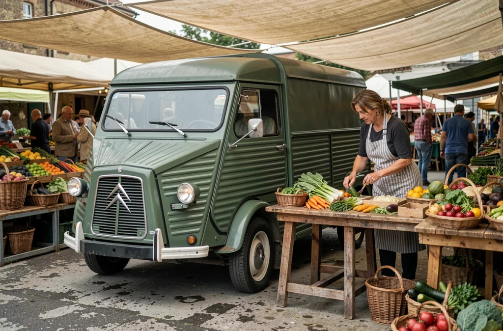 Fourgonnette Citroën H vintage restaurée des années 1970 sur un marché de producteurs, avec une vendeuse en tablier arrangeant des légumes locaux