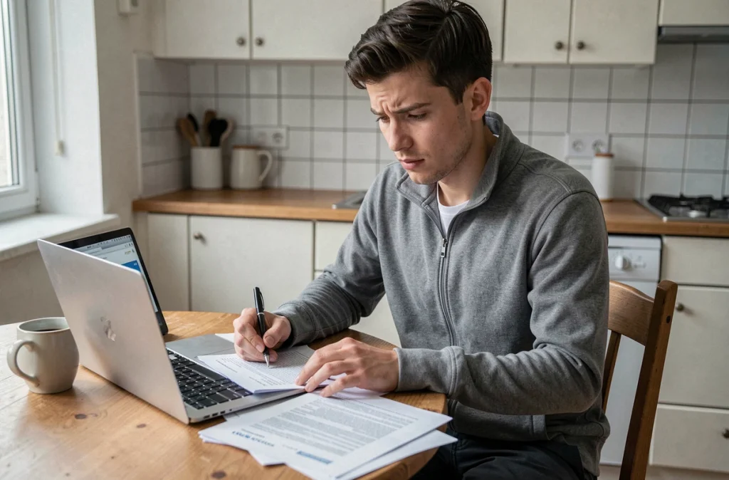Jeune conducteur compare des offres d'assurance auto sur ordinateur portable à son bureau
