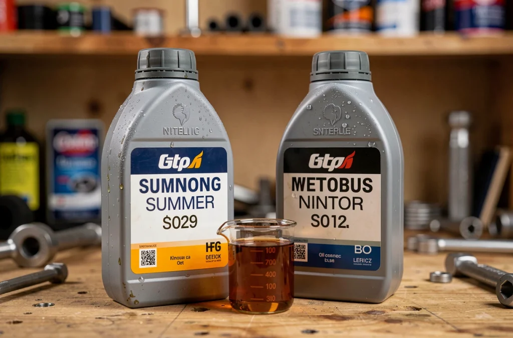Deux bidons d'huile moteur pour différentes saisons posés sur un établi avec une tasse graduée de mélange essence-huile