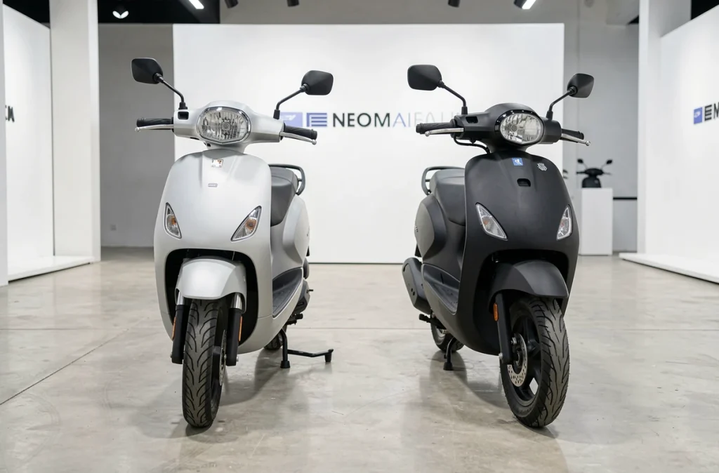 Comparatif côte à côte d'un scooter électrique et d'un scooter essence 125cc en showroom, guide d'achat 2026