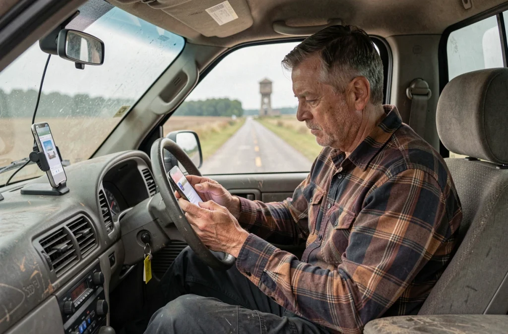 Homme consultant une application de covoiturage sur smartphone au volant d'un camion traversant une zone agricole rurale
