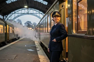 Conductrice de train de nuit en uniforme debout à la porte d'une rame sur un quai de gare européenne au crépuscule