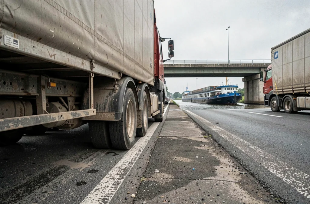 Contraste entre des camions de fret bloqués sur une autoroute et une péniche circulant librement sur un canal fluvial en arrière-plan