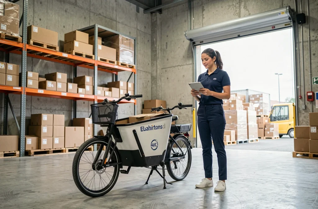 Coordinatrice logistique supervisant des vélos cargos dans un entrepôt urbain moderne
