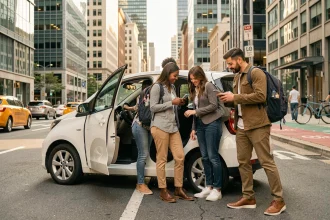 Trois automobilistes urbains partageant une voiture électrique compacte en centre-ville, illustrant la popularité croissante du covoiturage urbain