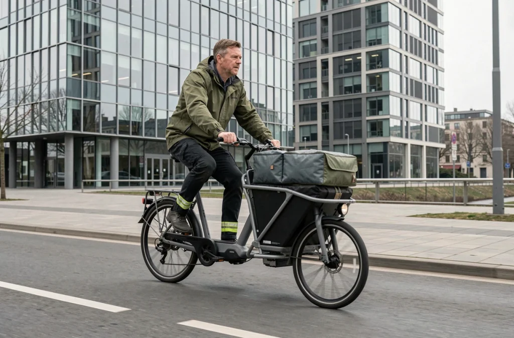 Cycliste livrant des colis à vélo cargo dans une piste cyclable urbaine sous ciel couvert