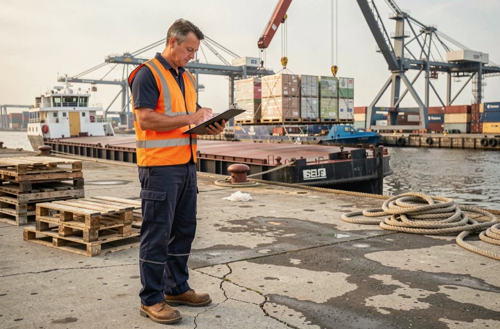 Dockers sur un quai de port fluvial intérieur supervisant le chargement de marchandises sur une péniche industrielle