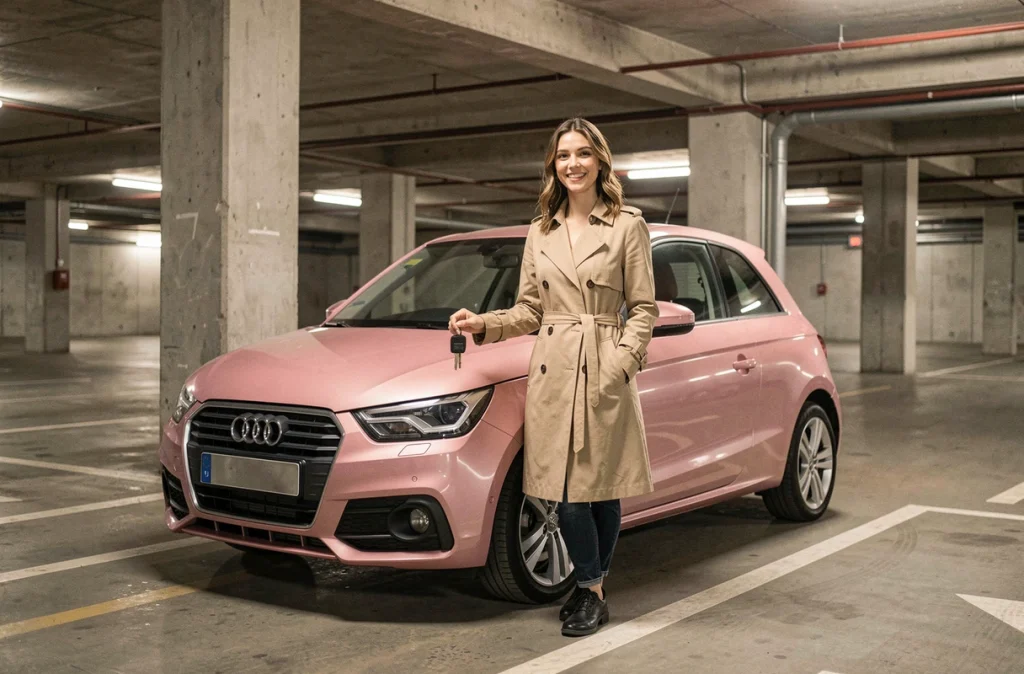 Jeune femme souriante tenant les clés d'une Audi A1 rose dans un parking souterrain moderne