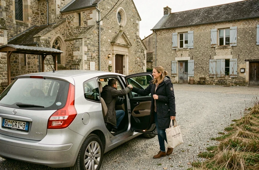 Femme descendant d'une voiture de covoiturage devant un arrêt de bus dans un village rural français