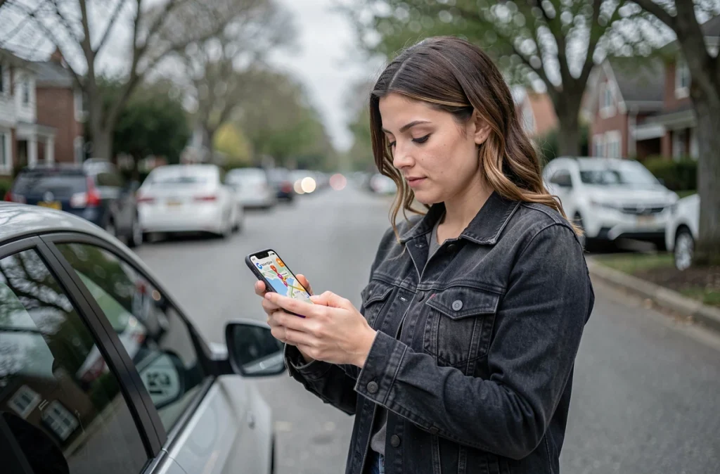 Femme debout près d'une voiture consultant les radars sur Google Maps depuis son smartphone en extérieur