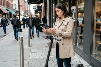 Femme utilisant une trottinette électrique en libre-service dans une rue animée de la ville