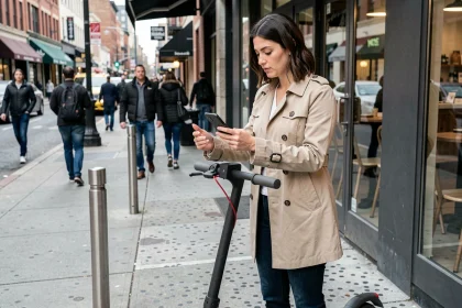 Femme utilisant une trottinette électrique en libre-service dans une rue animée de la ville
