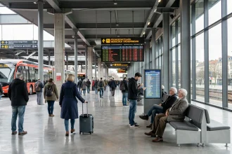 Hall principal d'une gare routière moderne avec voyageurs et panneaux d'affichage des correspondances intermodales