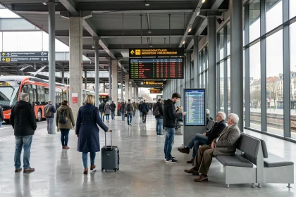 Hall principal d'une gare routière moderne avec voyageurs et panneaux d'affichage des correspondances intermodales