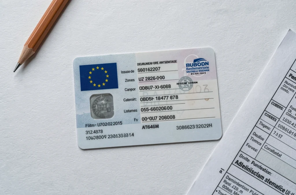 Gros plan en vue aérienne d'un permis de conduire européen avec la date de délivrance visible sur une surface blanche