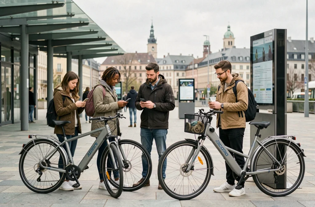 Groupe de citadins consultant leurs smartphones près de vélos électriques dans un hub de mobilité urbaine