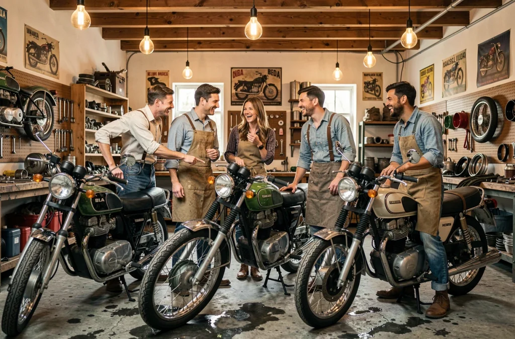 Groupe de jeunes passionnés réunis autour de motos classiques restaurées dans un atelier vintage avec outils et poutres en bois