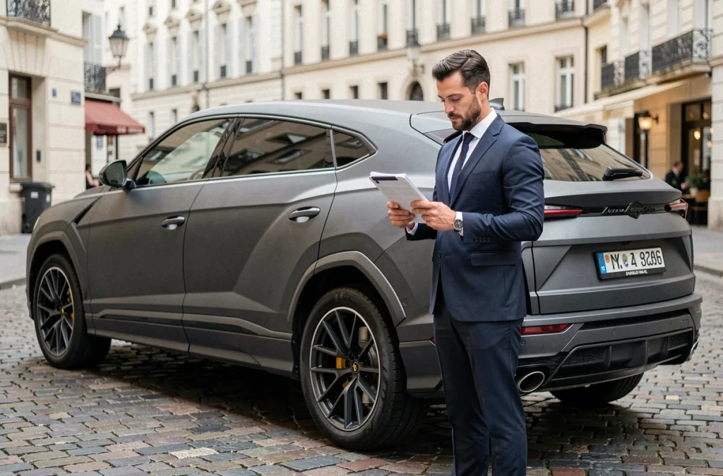 Homme en costume comparant les prix du Lamborghini Urus à l'international sur tablette numérique