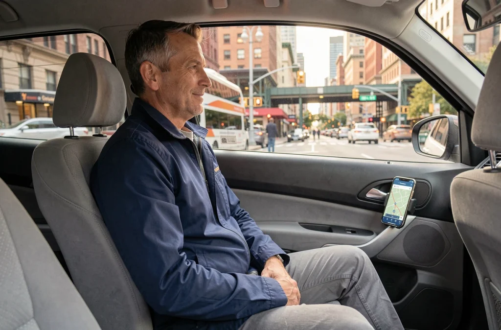 Homme en covoiturage urbain regardant par la fenêtre d'une voiture de mobilité partagée