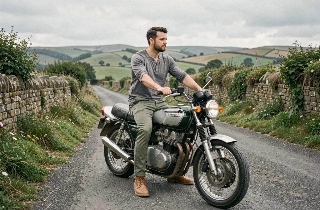 Jeune homme assis sur une Honda CB77 vintage restaurée au bord d'une route de campagne avec paysage de collines vertes