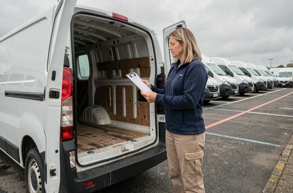 Femme inspectant le volume de chargement d'un Renault Trafic 2 L1H1 occasion avec une check-list dans un parking de concessionnaire