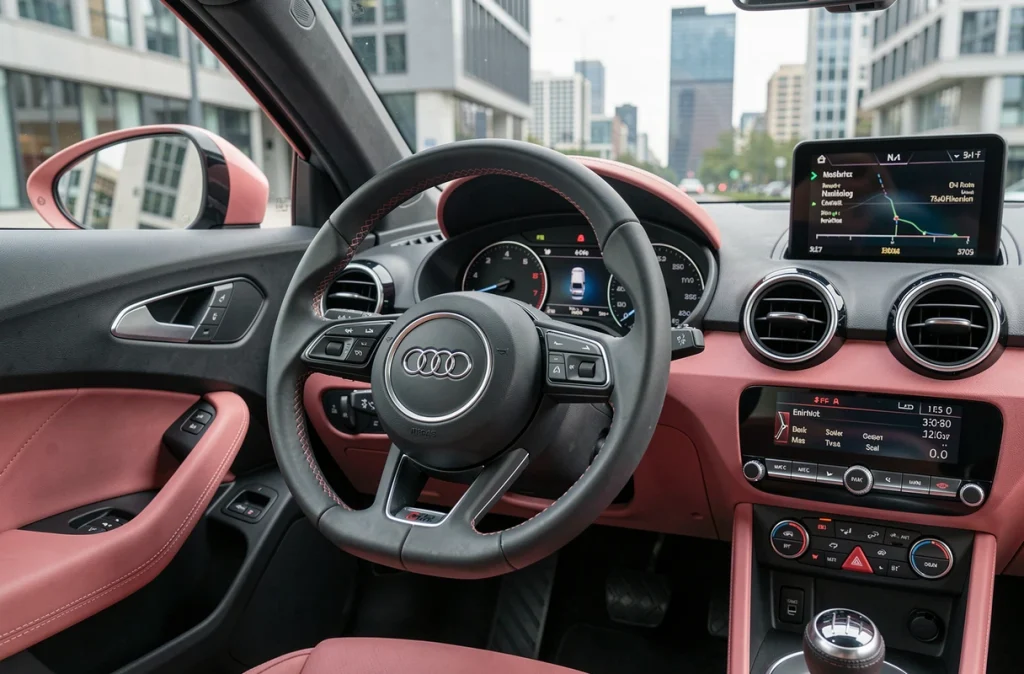 Intérieur de l'Audi A1 rose avec tableau de bord numérique, volant en cuir et écran multimédia visible