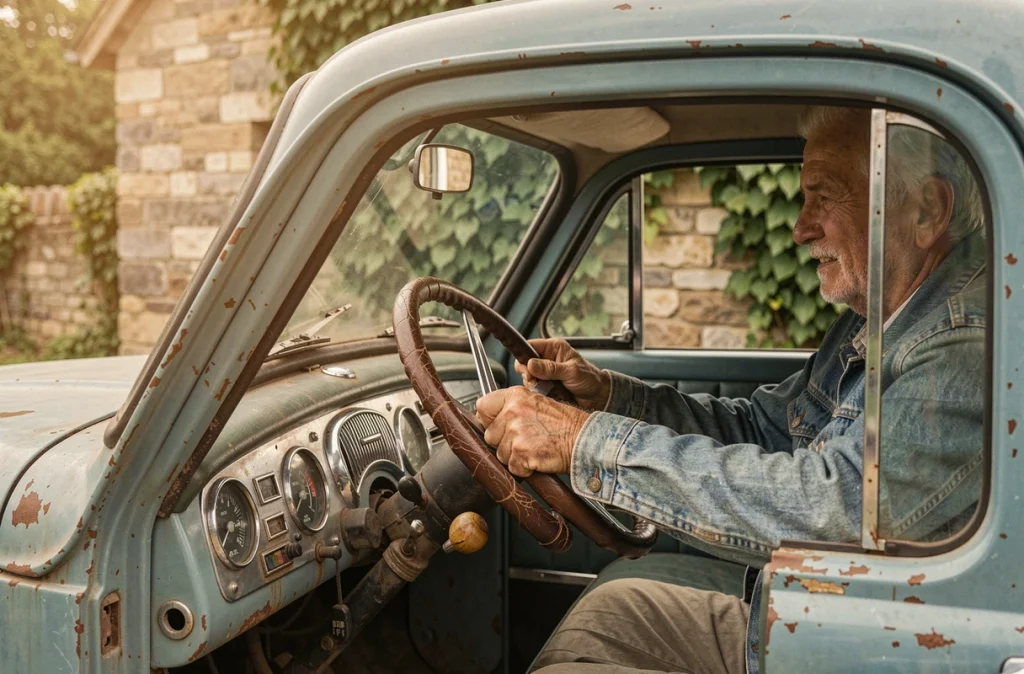 Intérieur de la cabine d'un vieux camion utilitaire des années 1950, mains d'un conducteur âgé sur le volant en cuir craquelé dans une cour de ferme rurale