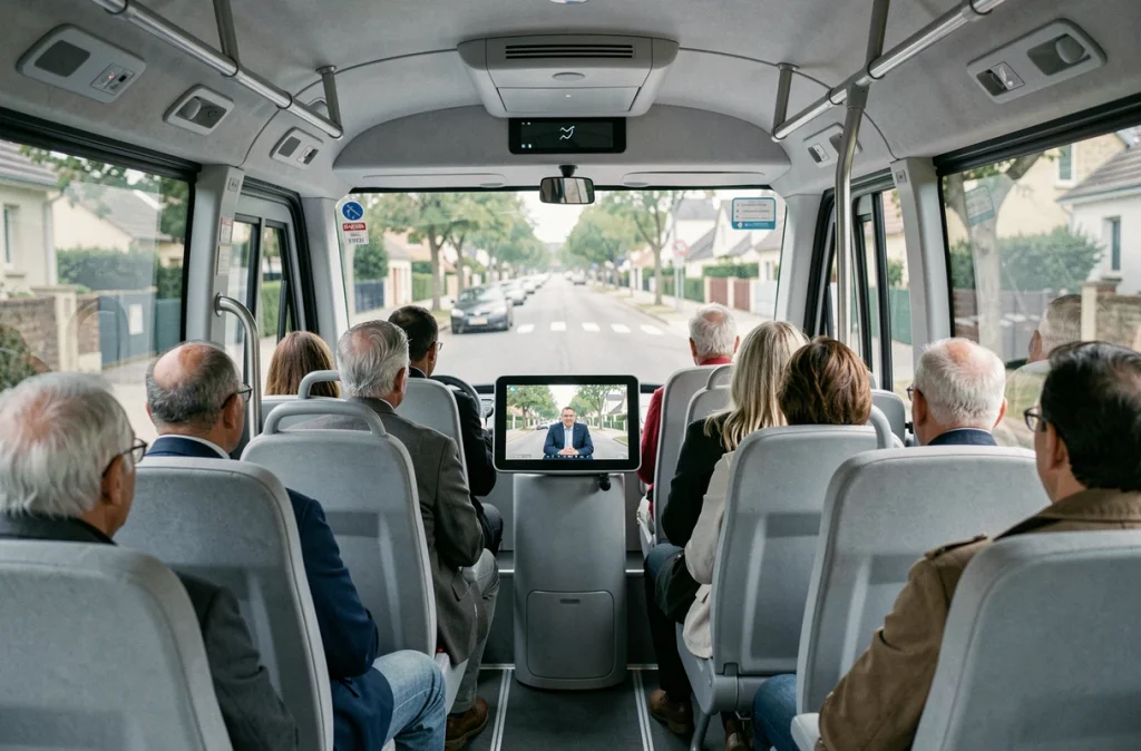 Intérieur d'une navette autonome sans conducteur avec des passagers assis dans une cabine moderne et lumineuse