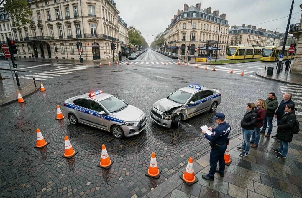 Vue d'ensemble d'un carrefour de Rennes avec barrières de police, véhicules accidentés et agent des forces de l'ordre sur les lieux