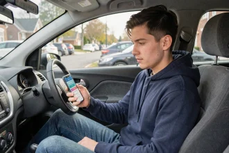 Jeune conducteur consulte une application d'assurance auto sur son smartphone assis dans sa voiture