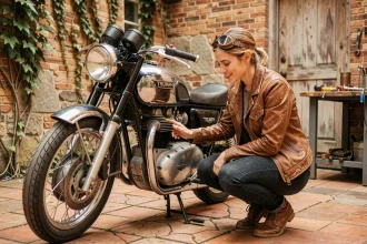Jeune femme passionnée inspectant une moto vintage Triumph Bonneville des années 70 dans une cour pavée avec murs en briques