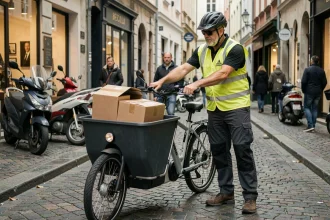Livreur chargeant un vélo cargo électrique sur une rue pavée en centre-ville