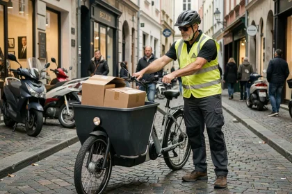 Livreur chargeant un vélo cargo électrique sur une rue pavée en centre-ville
