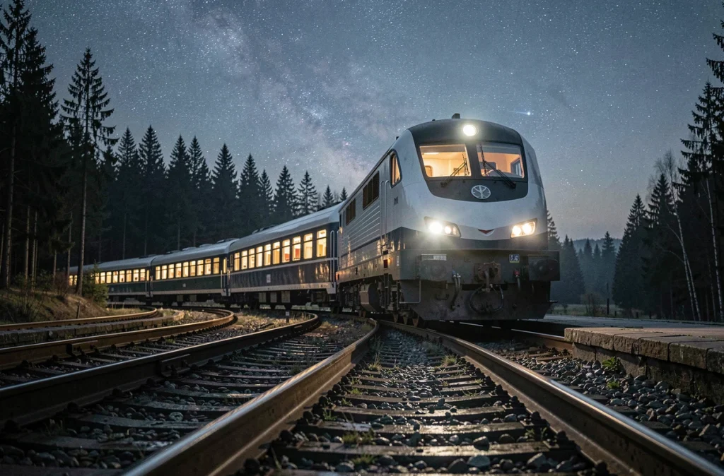 Locomotive de train de nuit en gare rurale sous un ciel étoilé avec les wagons illuminés reflétés sur les rails mouillés