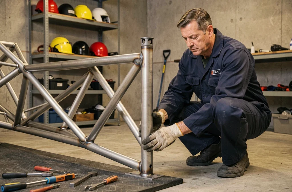 Mécanicien inspectant la soudure d'un arceau de sécurité sur un châssis de kit car Saxo en atelier