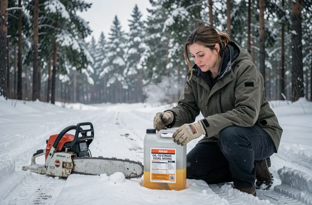 Femme en hiver inspectant un bidon de mélange essence-huile à côté d'une tronçonneuse dans une forêt enneigée