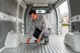 Homme mesurant l'espace intérieur d'un Renault Trafic 2 L1H1 d'occasion avec un mètre ruban dans la zone de chargement