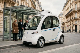 Navette autonome électrique à un arrêt de bus moderne dans une ville française, avec des passagers attendant sur le quai