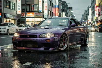 Nissan Skyline GTR R34 violet métallisé garé sur une rue urbaine mouillée avec reflets néons, vue trois quarts avant