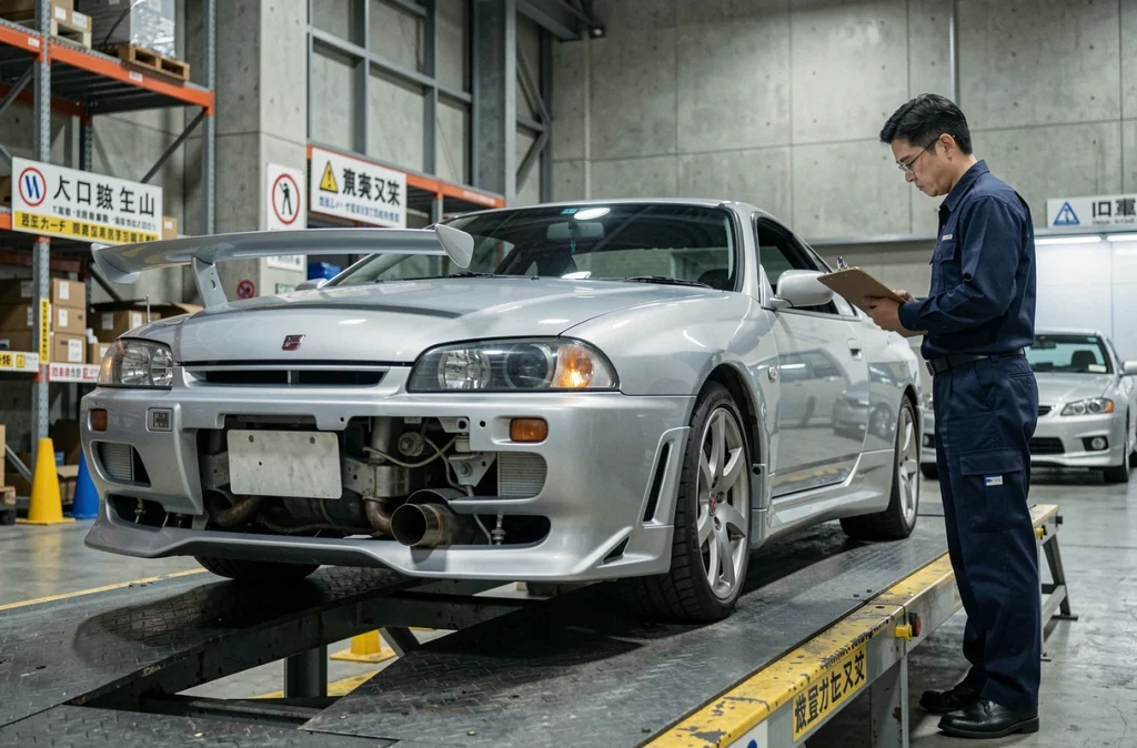 Nissan Skyline GTR R34 argentée sur rampe d'inspection douanière lors d'une importation au Japon avec inspecteur et clipboard