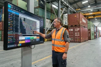 Opérateur logistique consultant un panneau de suivi numérique en temps réel dans un terminal de fret ferroviaire industriel
