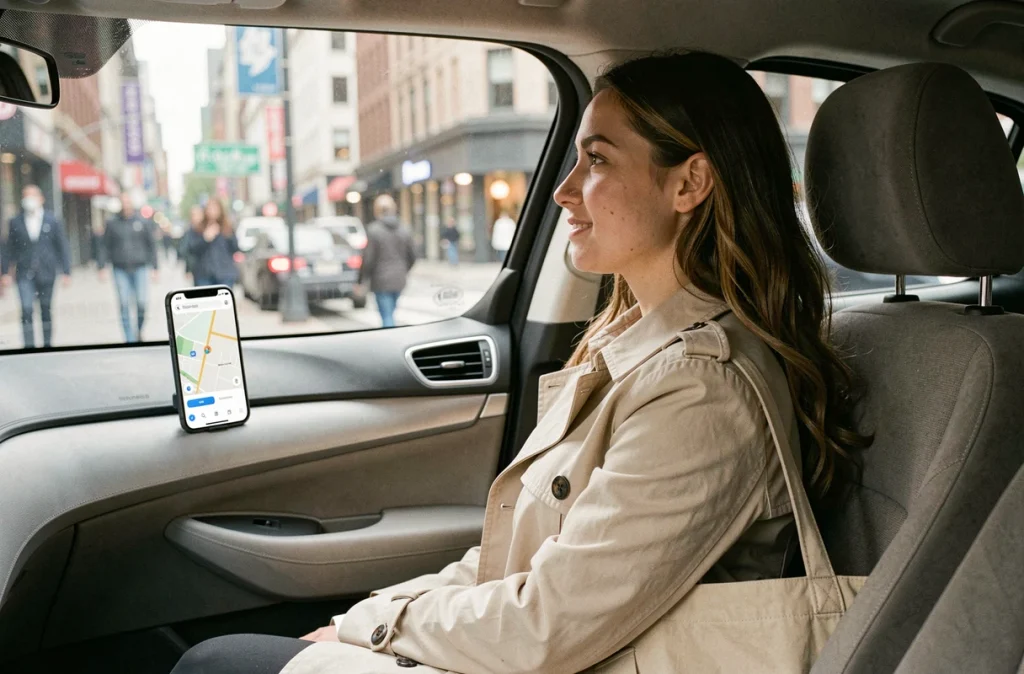 Jeune femme passagère dans une voiture partagée observant la ville par la fenêtre, symbole du quotidien des utilisateurs de covoiturage urbain