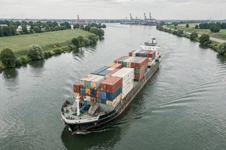 Péniche de transport fluvial chargée de conteneurs naviguant sur un grand fleuve européen avec des berges verdoyantes