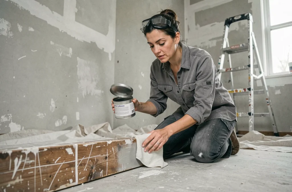 Femme testant du polish pour carrosserie sur une plinthe abîmée dans une pièce en cours de rénovation
