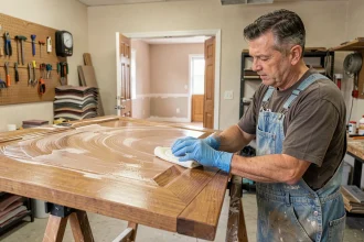 Artisan appliquant du polish pour carrosserie sur un panneau de bois en rénovation intérieure dans un atelier de garage