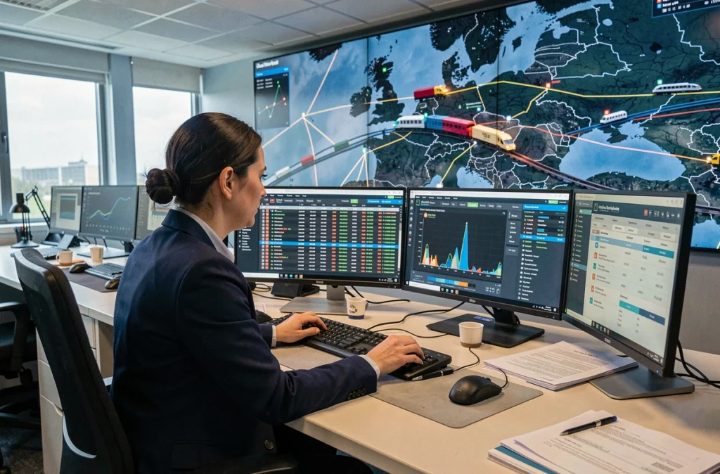 Ingénieure analyste dans une salle de contrôle ferroviaire moderne supervisant des tableaux de bord de digitalisation du fret